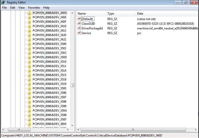 An excerpt from the Critical Device Database of Windows installed to disk, showing PCI driver entry