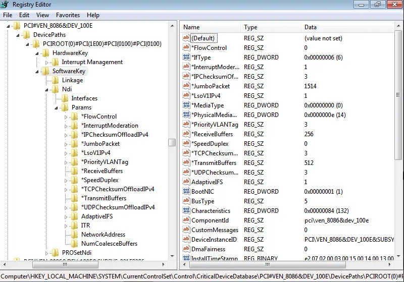 CDDB entry for the network adapter