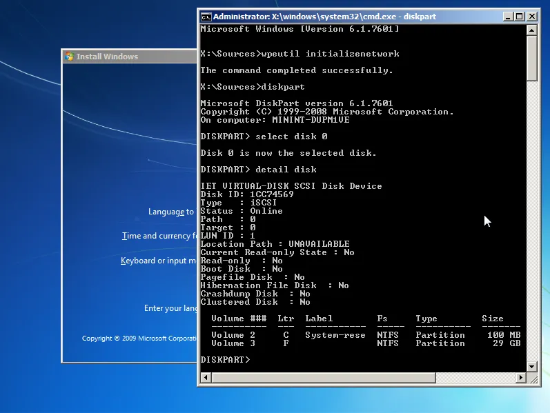 Output of diskpart in Windows Setup after initializing network.