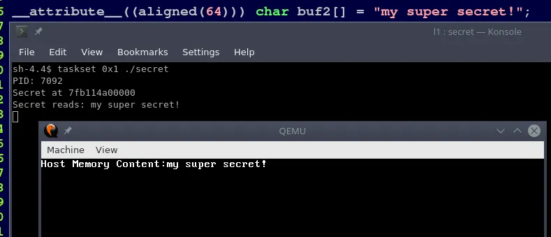 The screenshot shows our proof of concept: The host initially stores the string "my super secret!" in memory and a KVM guest VM is able to read and display it from the host's memory.
