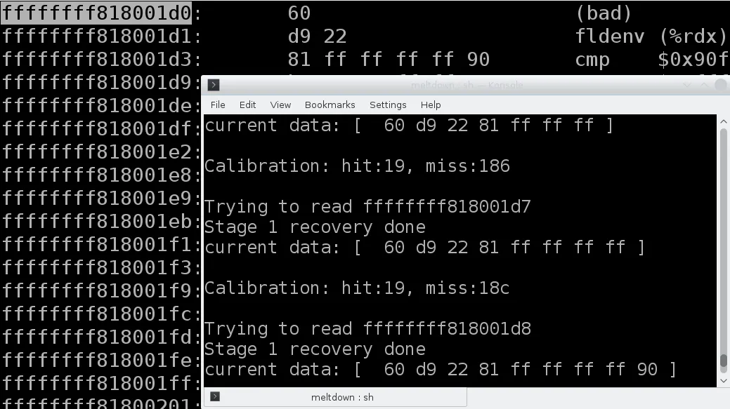 Foreground: Kernel memory being read out by our meltdown proof-of-concept. Background: Actual kernel dump. Both views show identical data, the exploit is successful.
